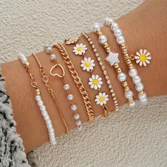 Whimsical Boho Star & Daisy Pearl Charm Bracelet Set 🌼✨ - Adjustable Eight-Piece Bangle for Fashionistas!