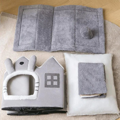 Kawaii Cozy Cat Nest 🐾🌸 | Double Roof Pet House for All Seasons 🌈 | Warm & Washable Small Dog Bed 🐶✨