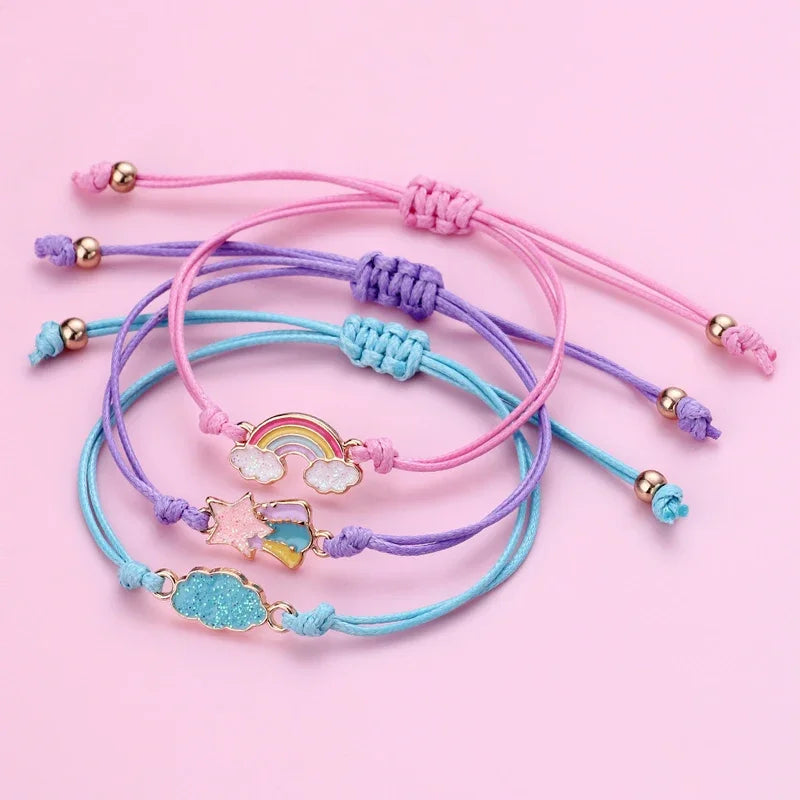 Kawaii Charm Bracelet Set 🌈💕 | 3Pcs Braided Unicorn, Heart & Star Accessories for Kids 🎀✨