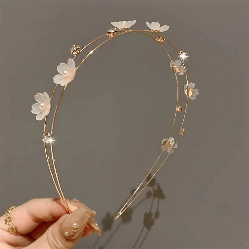 Kawaii Double Layer Floral Pearl Headband 🌸✨ - Shiny Rhinestone Hairband for Trendy Women! 🎀👑