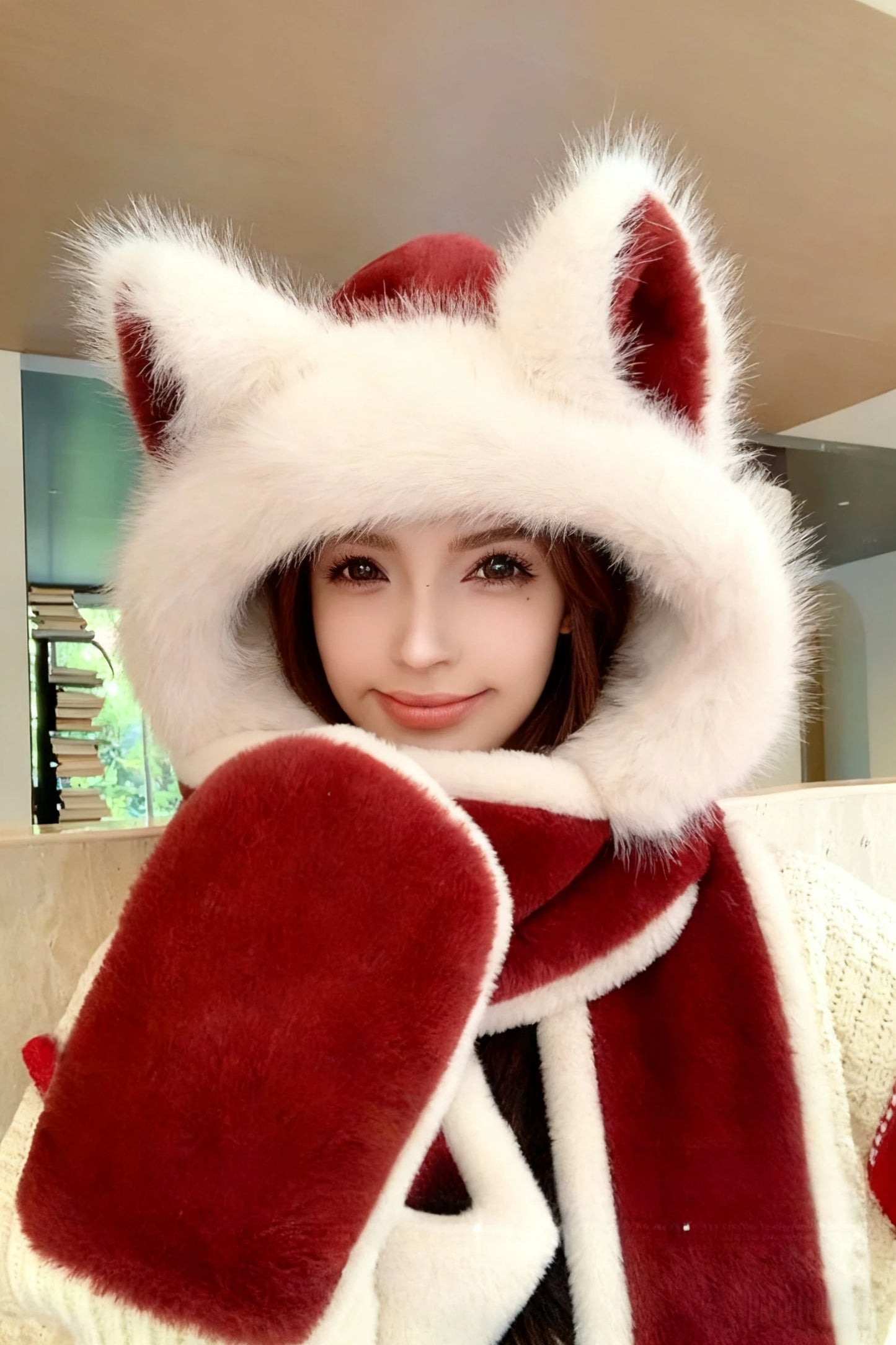 Plush Wolf Ear Hat Set With Scarf And Gloves For Winter Warmth 🐺🧣🧤❄️