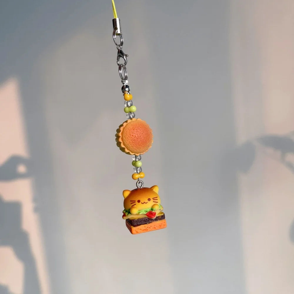 Retro Japanese Trinkets Keychain Lanyard Charm Set Dog Cat Resin 🍔🍰 🐶🐱