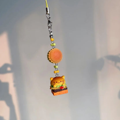 Retro Japanese Trinkets Keychain Lanyard Charm Set Dog Cat Resin 🍔🍰 🐶🐱