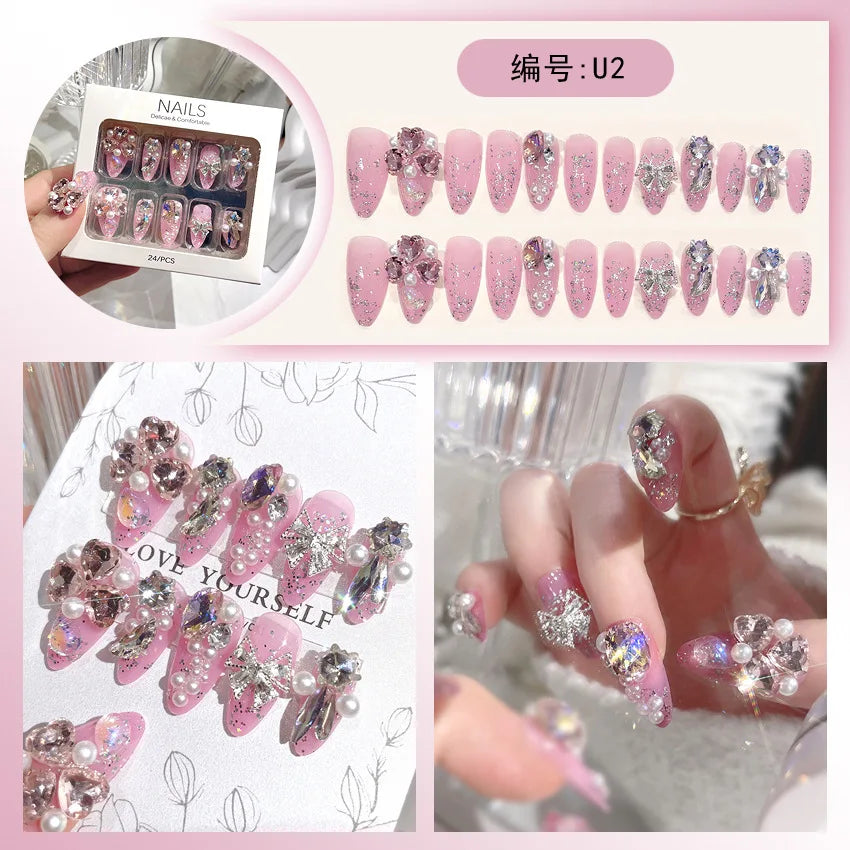 Kawaii Blush Pink 3D Bowknot & Pearl Press-On Nails 💖✨ | 24pcs Adorable Fake Nail Tips for Cute DIY Manicures!