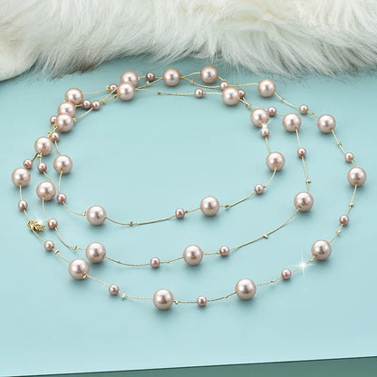 Pink Double Layer Pearl Necklace for Women Sweater Chain Long Statement 💗✨