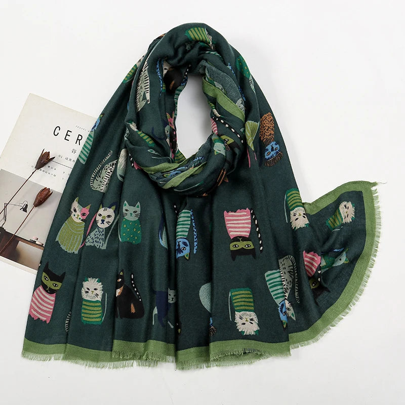 Playful Cat Print Fringed Scarf Women Cotton Viscose 180x85 Cm 🐈✨