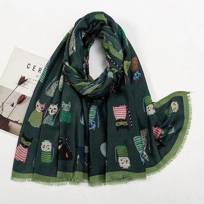 Playful Cat Print Fringed Scarf Women Cotton Viscose 180x85 Cm 🐈✨