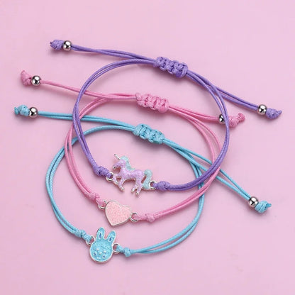 Kawaii Charm Bracelet Set 🌈💕 | 3Pcs Braided Unicorn, Heart & Star Accessories for Kids 🎀✨