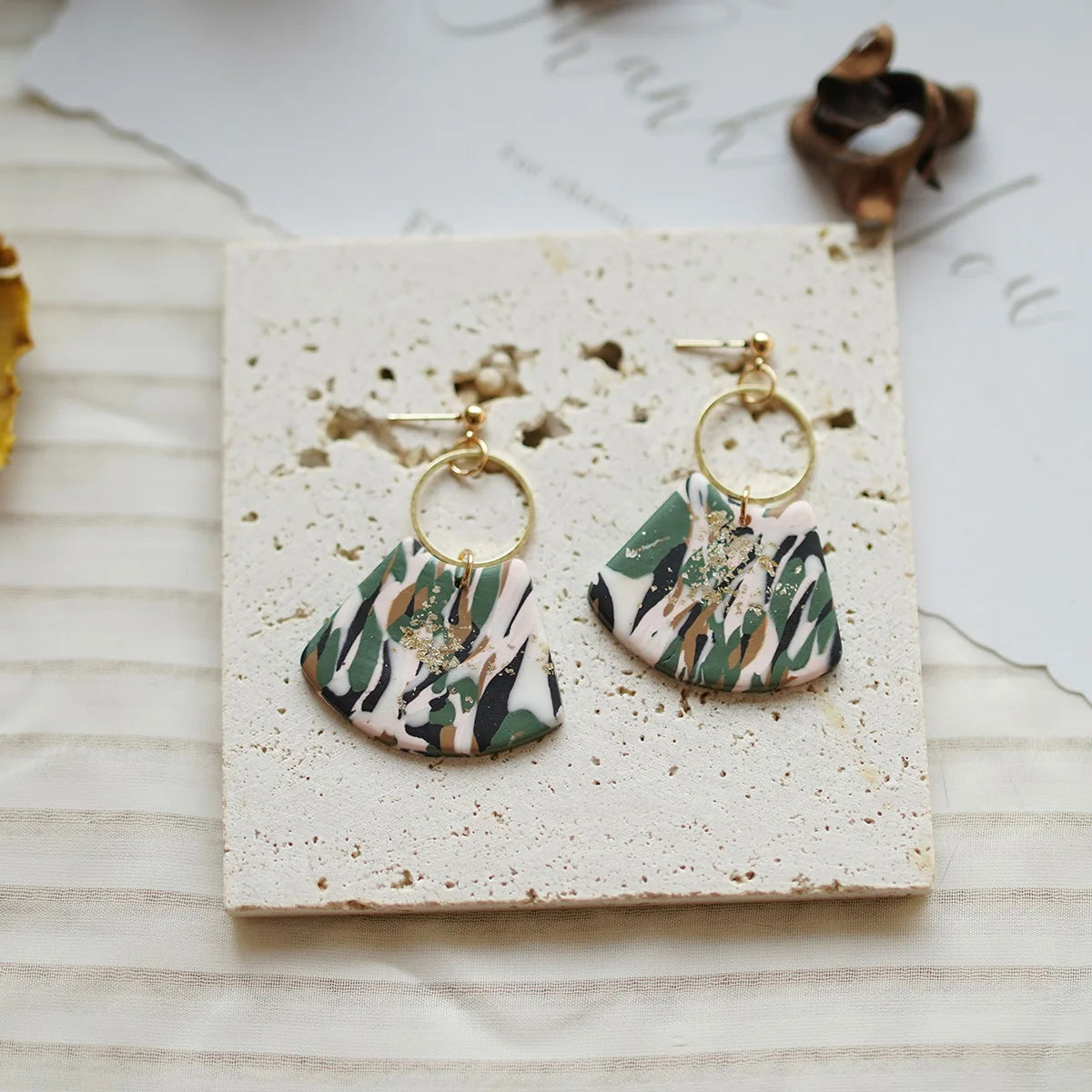 Pastel Marble Shield Polymer Clay Drop Earrings With Brass Ring Charm 💗✨