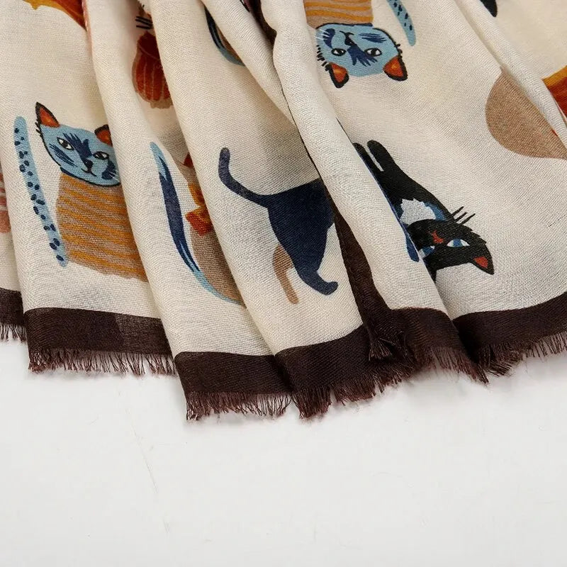 Playful Cat Print Fringed Scarf Women Cotton Viscose 180x85 Cm 🐈✨