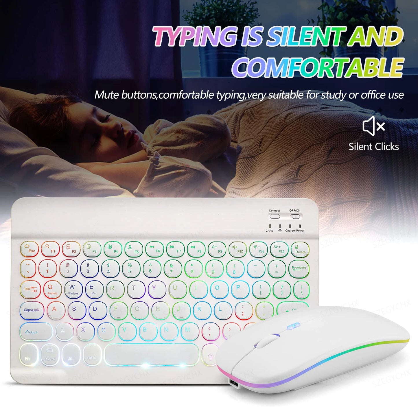 Kawaii Bluetooth Magic: Adorable 7-Color Backlit Keyboard & Silent Mouse for iPad & Tablets 🐾✨💖