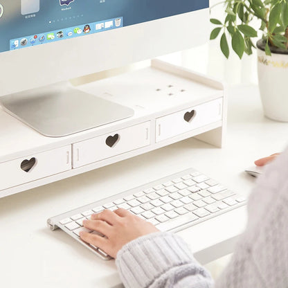 Kawaii Pink & White Heart Drawer Desk Organizer 💖✨ - Cute Monitor Riser & Stationery Holder for Students!