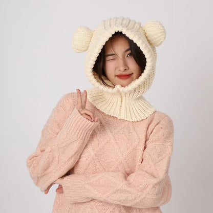 Y2K Winter Knit Balaclava Hat For Women 🐻 Cute Bear Beanie Hooded Scarf