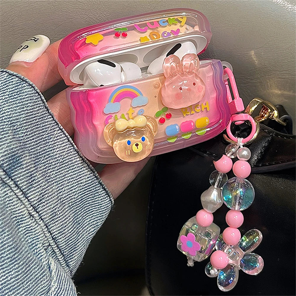 🐰✨ Adorable 3D Bunny & Bear AirPods Case with Wavy Border & Flower Beads 🌸🎧 - Pixie Quill