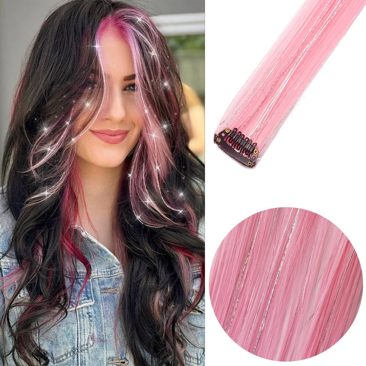 Clip In Pink Hair Extensions With Silver Tinsel Rainbow Highlights For Women ✨💖