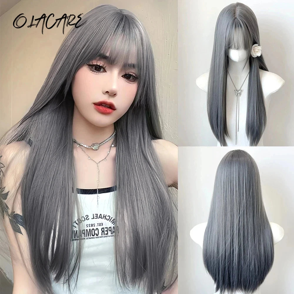 Enchanting Ombre Kawaii Wig 🌈✨ - Long Straight Lolita Style with Bangs in Glacier Blue & Blonde!