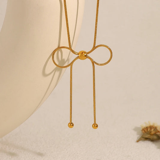 Kawaii Charm ✨ 18K Gold Plated Snake Chain Bow Pendant Necklace for Trendy Ladies 💖🥳