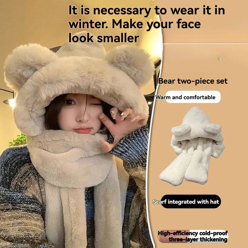 Cozy Winter Bear Ear Hooded Cap Scarf Gloves 3 In 1 Set 🐻❄️🧤