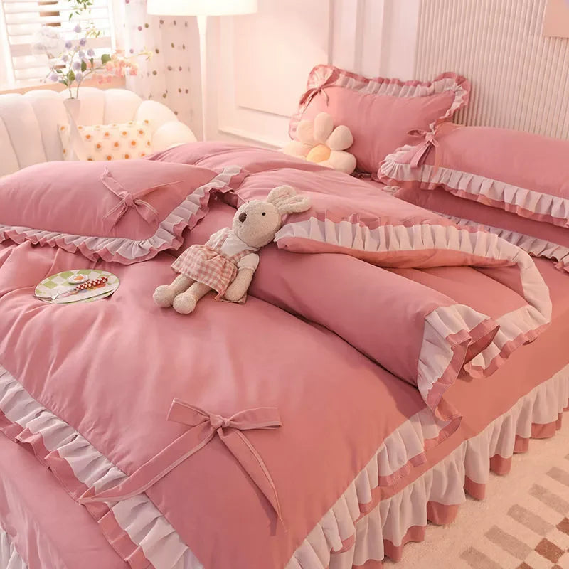🌟 Kawaii Green Seersucker Bedding Set 🌙 4-Piece Princess Duvet & Pillowcase - Cute Home Decor! 🛏️💚