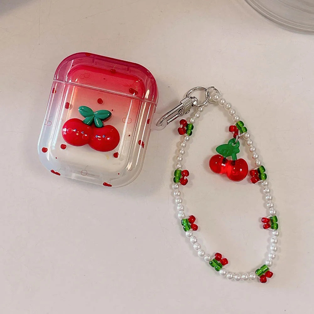 🍒 Adorable 3D Cherry TPU AirPods Case with Pearl Bracelet ✨💕 - Pixie Quill