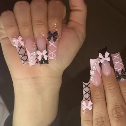 Kawaii Love Pattern Coffin Nails 🎀✨ | 24Pcs Brown French Full Cover Press-On Tips 💅💕