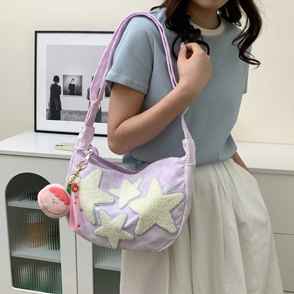 ✨ Kawaii Canvas Dumpling Messenger Bag 🌙 Cute Star-Embroidered Crossbody 💖
