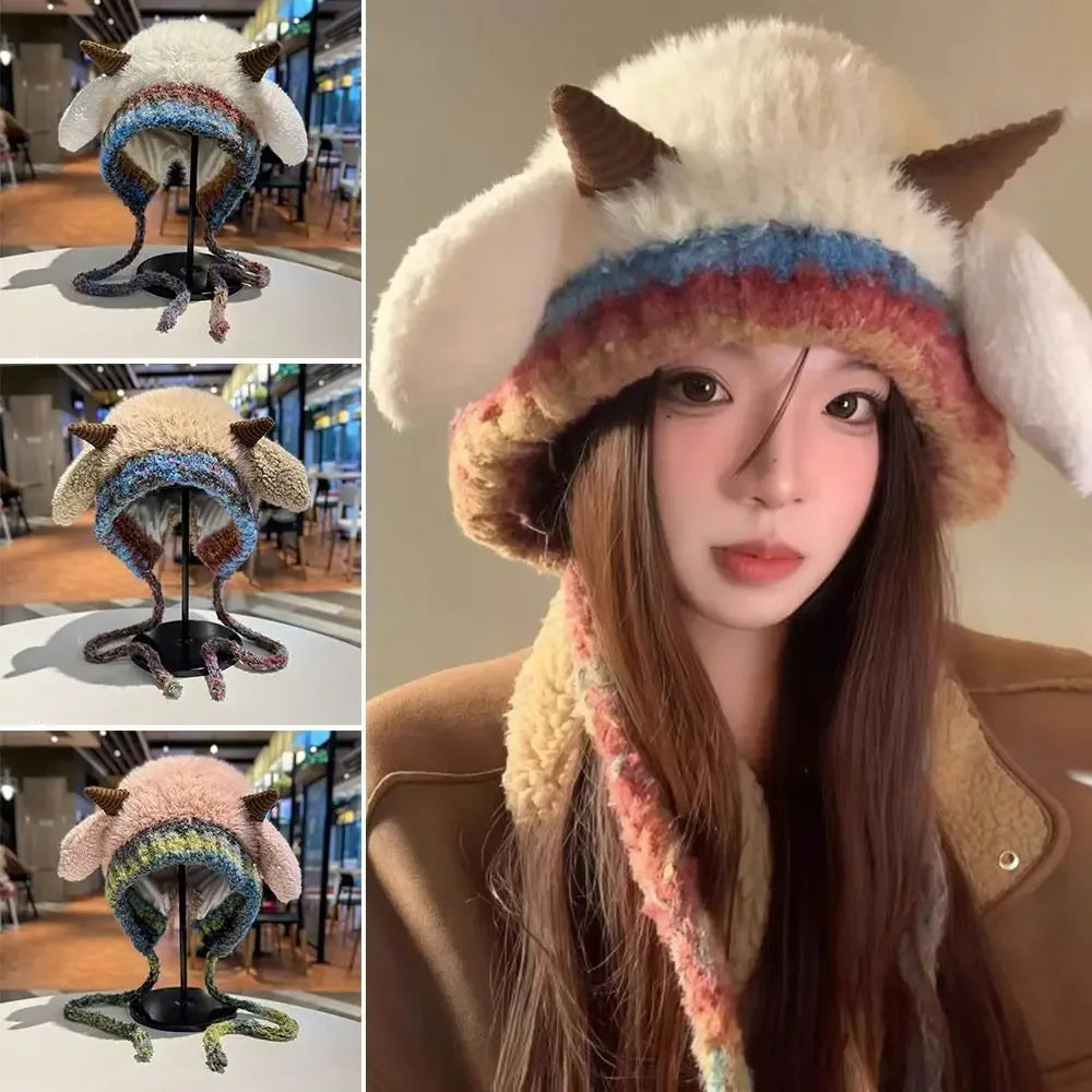 Cute Plush Knit Beanie With Earmuffs Horn Design Winter Hat For Women❄️