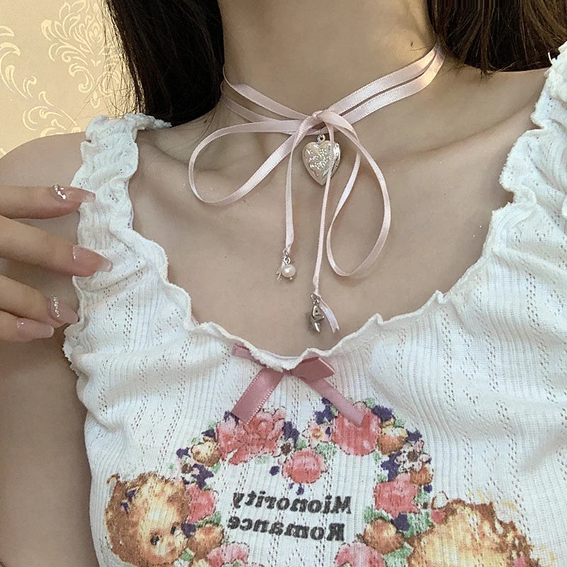 ✨Sweet Peach Heart Vibes 💖 Rope Ribbon Pendant Necklace for Trendy Ladies! 🌟