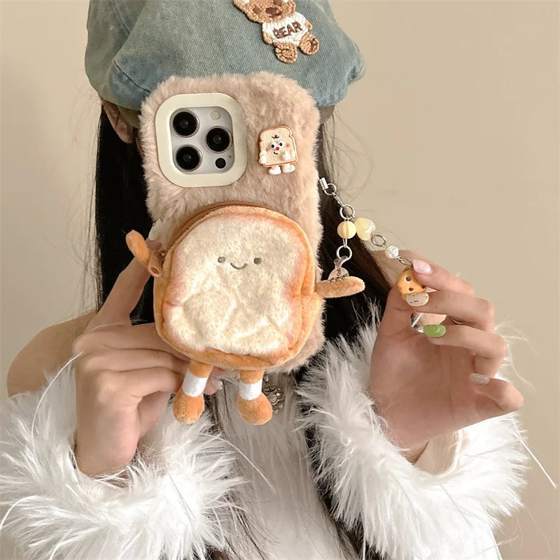 Kawaii Plush Bread Change Purse Phone Case for iPhone 16/15/14/13 Pro Max 🍞💖 Shockproof & Adorable Cartoon Design!