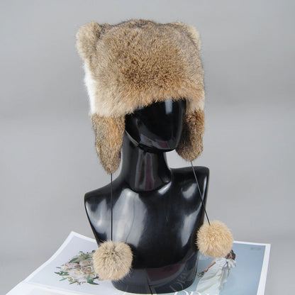 Lux Real Rabbit Fur Bomber Hat for Women with Pom Pom Warm Winter Cap ❄️🐰