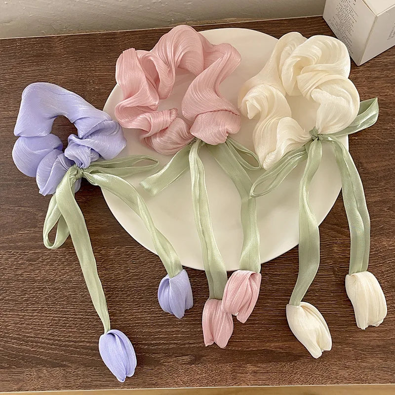 Charming Tulip Bow Scrunchies 🌸✨ Cute Hair Ties for Stylish Girls! 🎀💖 - Pixie Quill