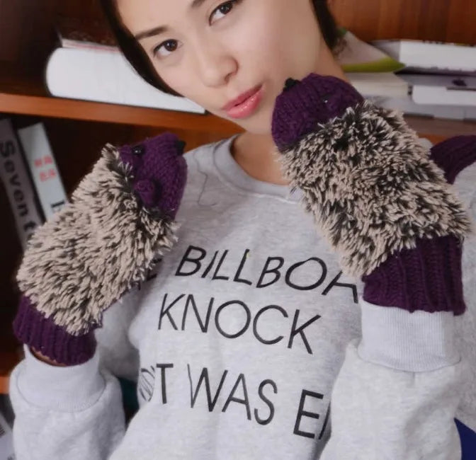 Whimsical Hedgehog All Finger Knit Gloves for Women with Cute Cartoon Charm 🧶🦔