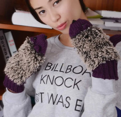 Whimsical Hedgehog All Finger Knit Gloves for Women with Cute Cartoon Charm 🧶🦔