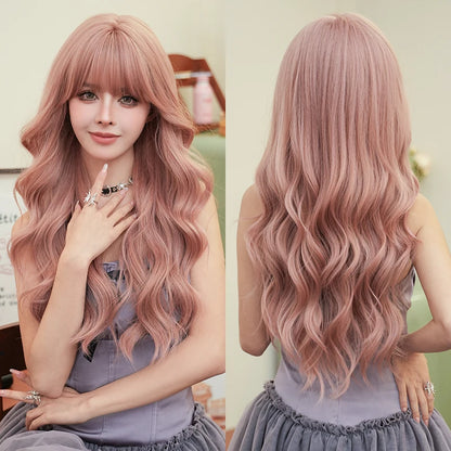 Kawaii Dreamy Sakura Pink Wavy Wig 🌸✨ | High-Density Curly Hair with Bangs for Sweet Girls 💖🎀
