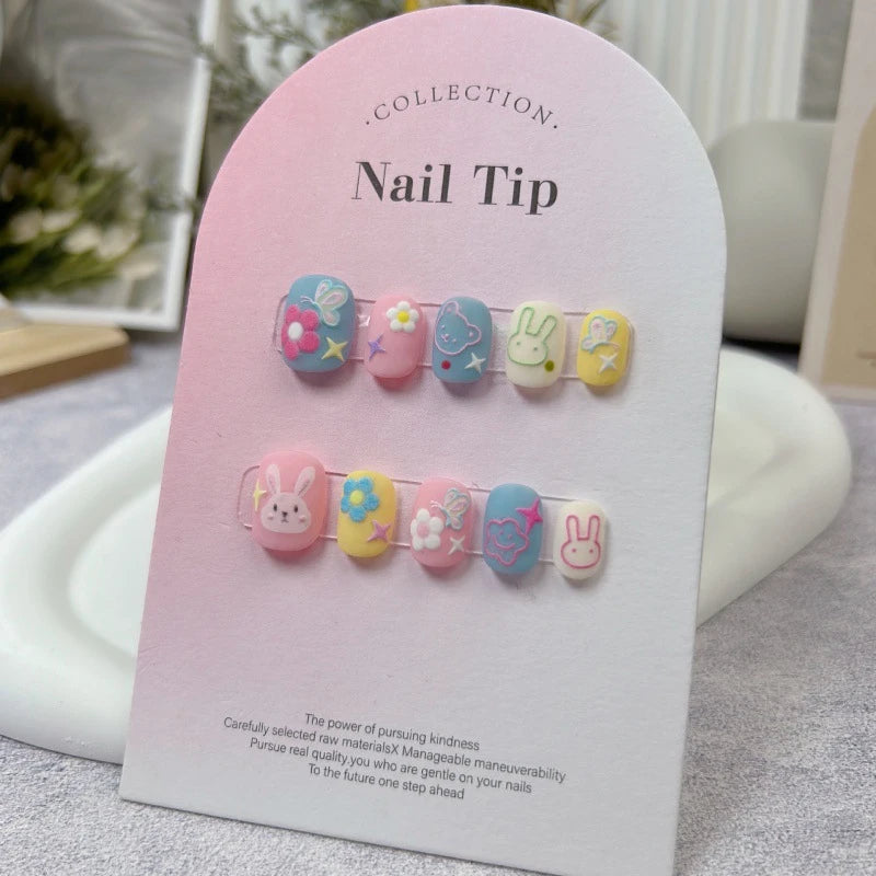 Kawaii Handmade Rabbit Press-On Nails 🐰✨ | Adorable Short Round Tips for Cute Nail Art 💅💕