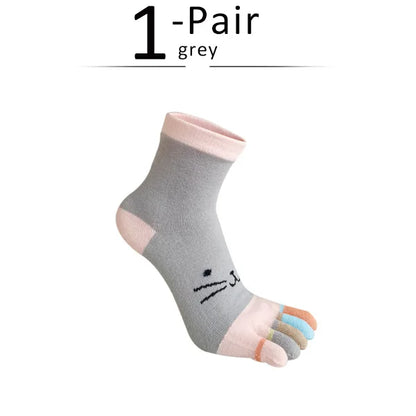 Kawaii Cat Cartoon Five Finger Socks 🐾🎨 | Soft & Colorful Women's Toe Socks for All Seasons 🌈✨