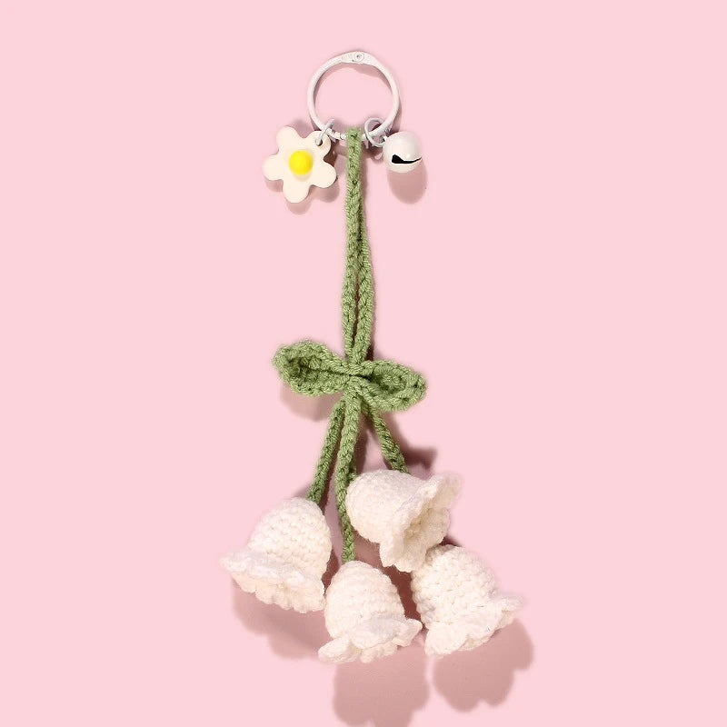 Fluffy Knitted Flower Keychain With Bell 🔔 Crocheted Wool Bag Charm For Women
