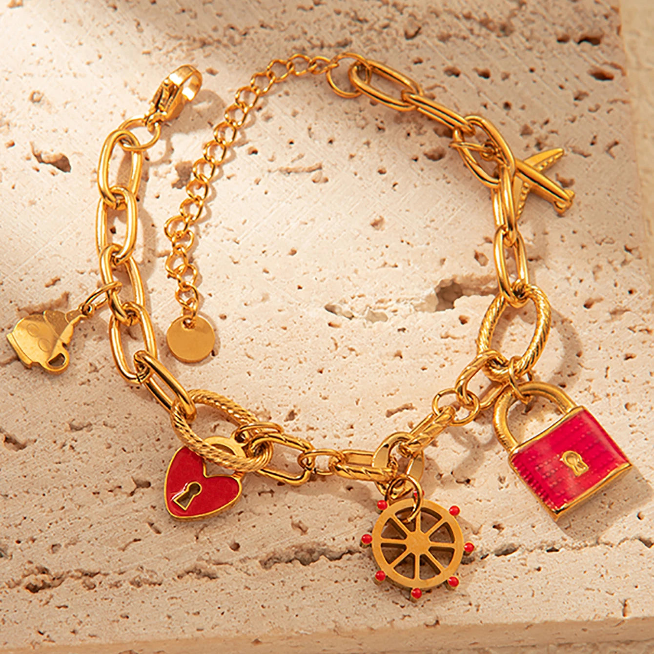 Cute Airplane Rudder Love Lock Bracelet 18K Gold Plated Stainless Steel For Women Gift Idea 💖✨🌸