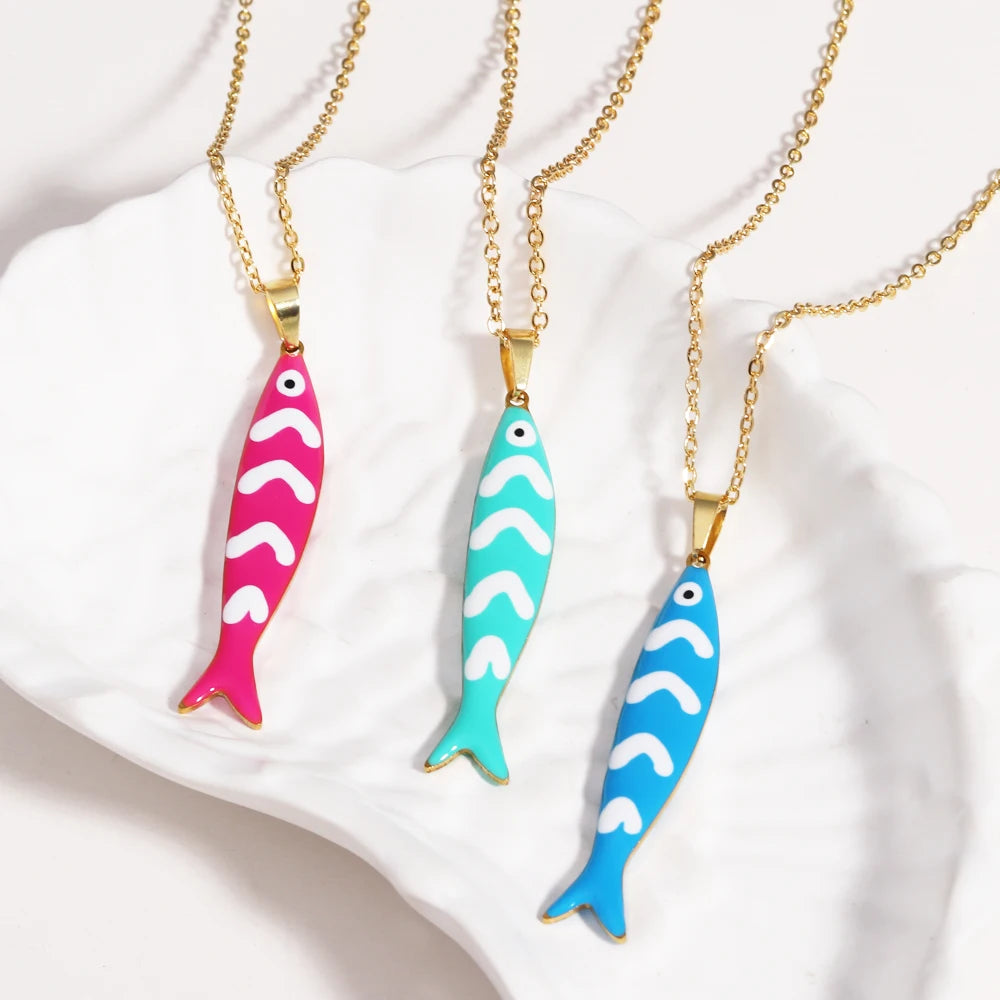 Cute Colorful Enamel Fish Pendant Necklace For Women Waterproof Gold Tone 🐟💖🌊