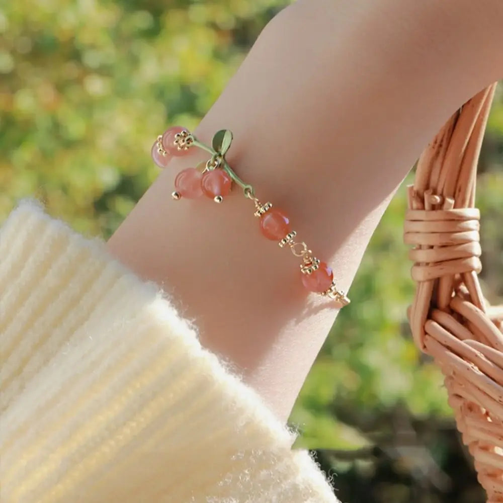 🌸 Charming Orchid & Cherry Beaded Bracelet 🌟 Kawaii Hand Ring for Girls 💖 Trendy Jewelry Accessory