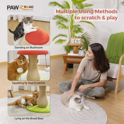 Mushroom Cat Scratching Post, Cat Scratcher Cute with 100% Sisal Covered Scratching Post & Pompoms Cat Toy, Mushroom Cat Post