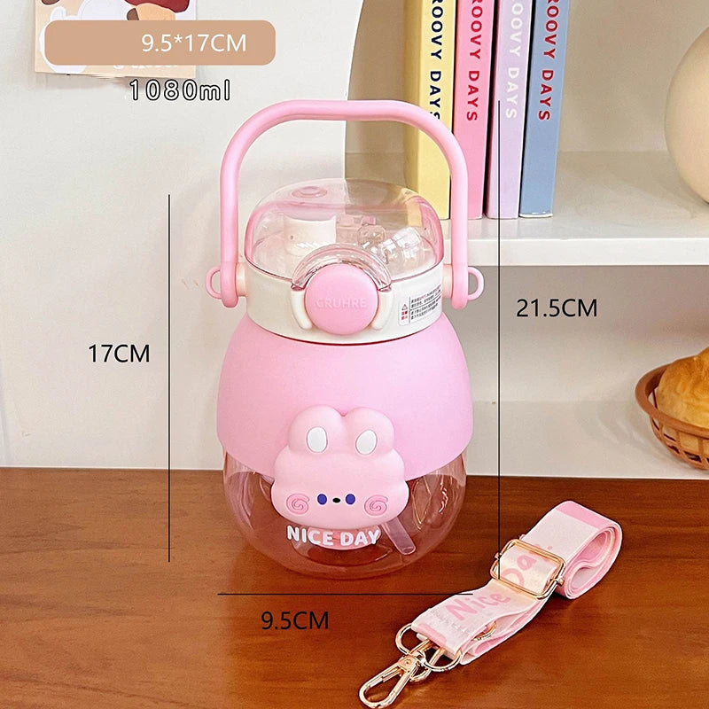 Adorable Bear 1080ml Water Bottle 🐻💖 - Fun & Functional BPA-Free Drink Buddy for Kids with Straw & Strap! 🌈✨ - Pixie Quill