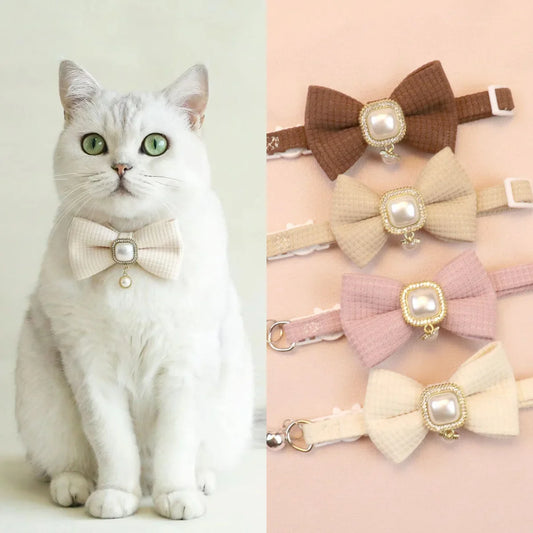 ✨ Adorable Adjustable Waffle Cat Collar with Vintage Pearl & Bow 🎀🐾 - Perfect for Trendy Tails! 🐱🌟