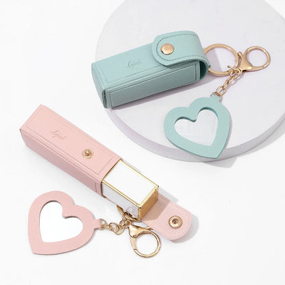 Kawaii Leather Lipstick Keychain Pouch 💄✨ - Cute Makeup Holder with Mirror & Zipper Closure! 👜💕