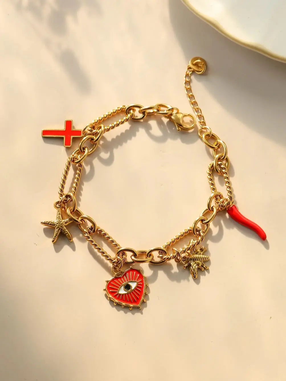 Stainless Steel Charm Bracelet For Women Playful Vintage Thread Stitching Eyes Starfish Bee Cross Pepper Charms ✨🐝⭐🌶