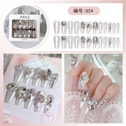 Kawaii Bunny Blossom 🌸✨ 24pcs Pink Flower Rhinestone Coffin Press-On Nails - Acrylic Nail Art for a Cute Touch! 🐰💖