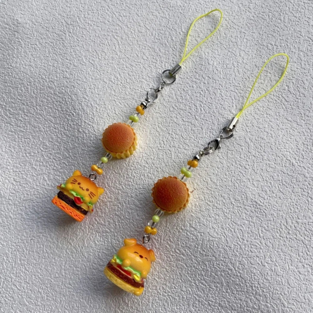 Retro Japanese Trinkets Keychain Lanyard Charm Set Dog Cat Resin 🍔🍰 🐶🐱