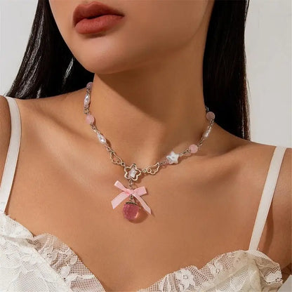 White Pentagram Strawberry Choker Necklace With Bowknot Charm 🍓🎀