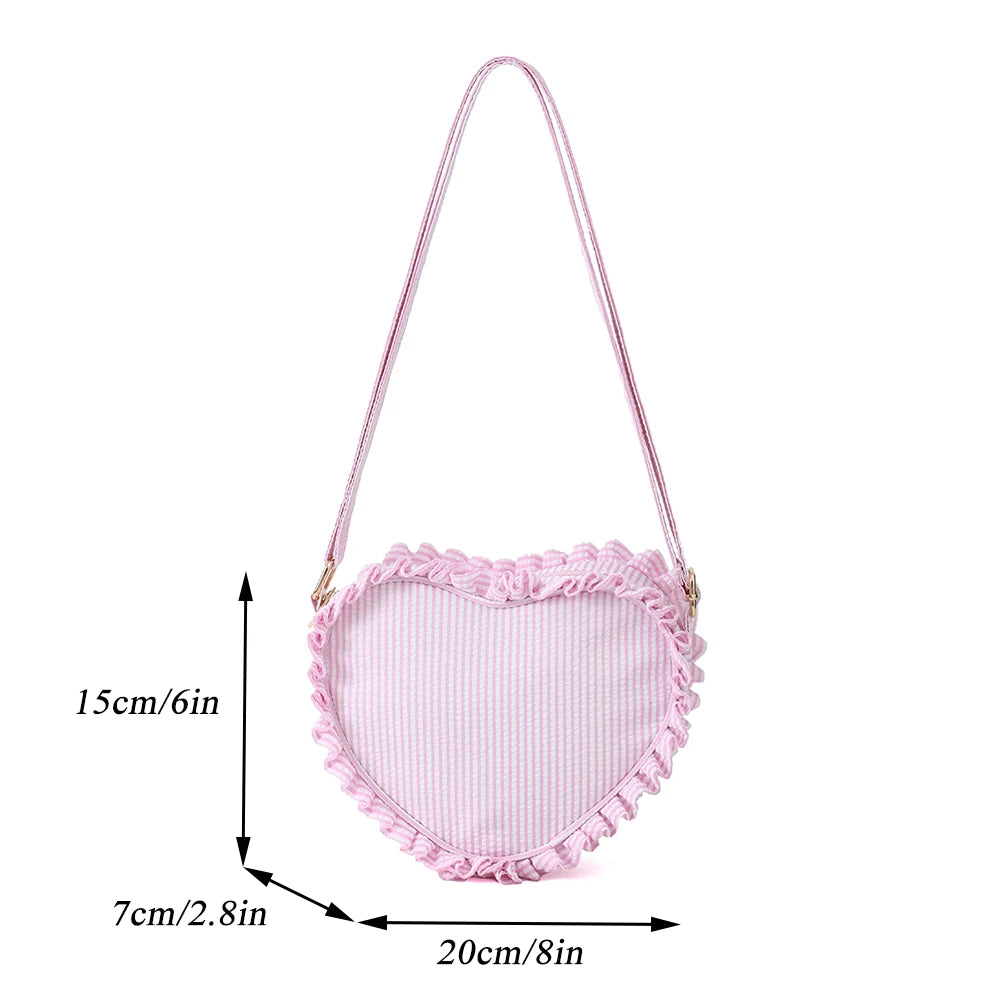 Kawaii Ruffle Heart Crossbody Bag 💖 | Cute Pink Striped Mini Purse for Girls 🌸✨ | Stylish Outdoor Travel Sling Bag 🎒