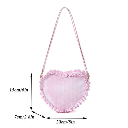 Kawaii Ruffle Heart Crossbody Bag 💖 | Cute Pink Striped Mini Purse for Girls 🌸✨ | Stylish Outdoor Travel Sling Bag 🎒